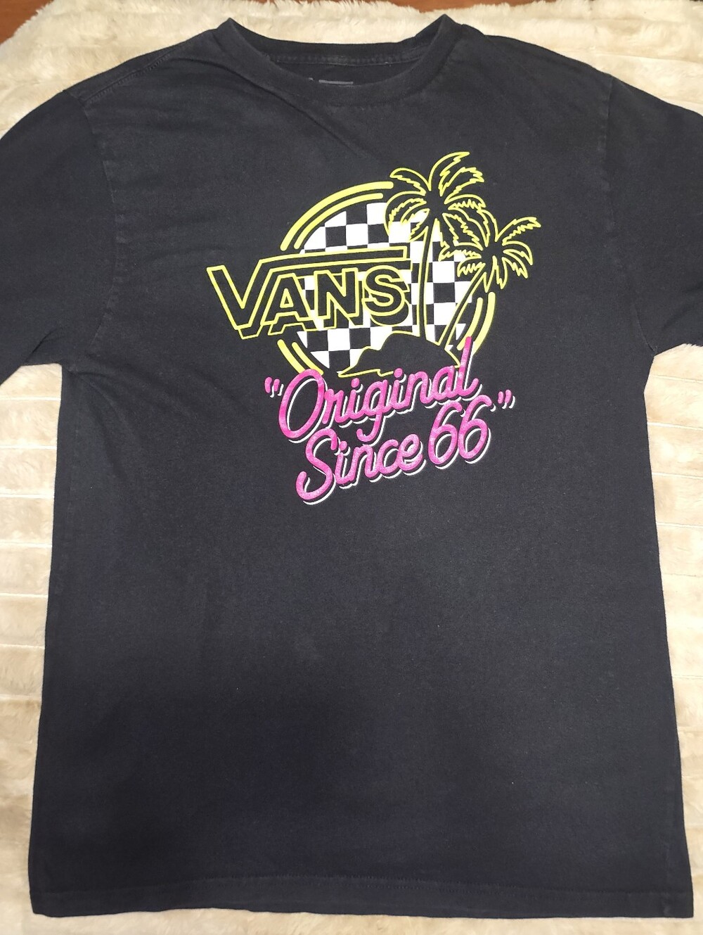 Vans Original Since 66 Graphic T-Shirt Black Palm Tree Checkerboard Youth L 12-1